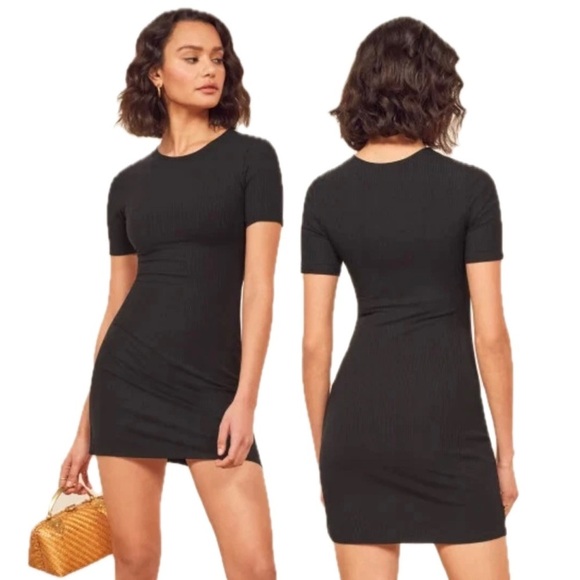 Reformation Dresses & Skirts - Reformation Black Kennedy Ribbed Contour Bodycon Short Sleeve T Shirt Mini Dress